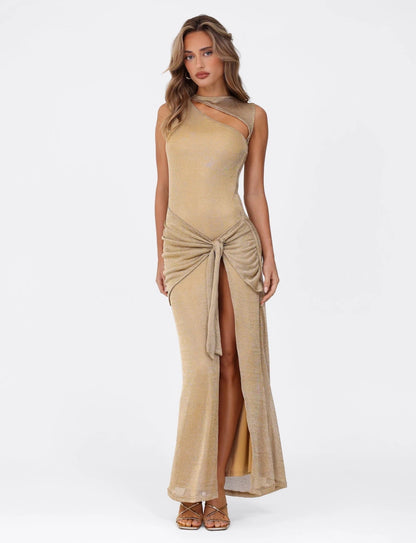 Amaris - Gold Metallic Maxi Dress with Cut-Out Detail