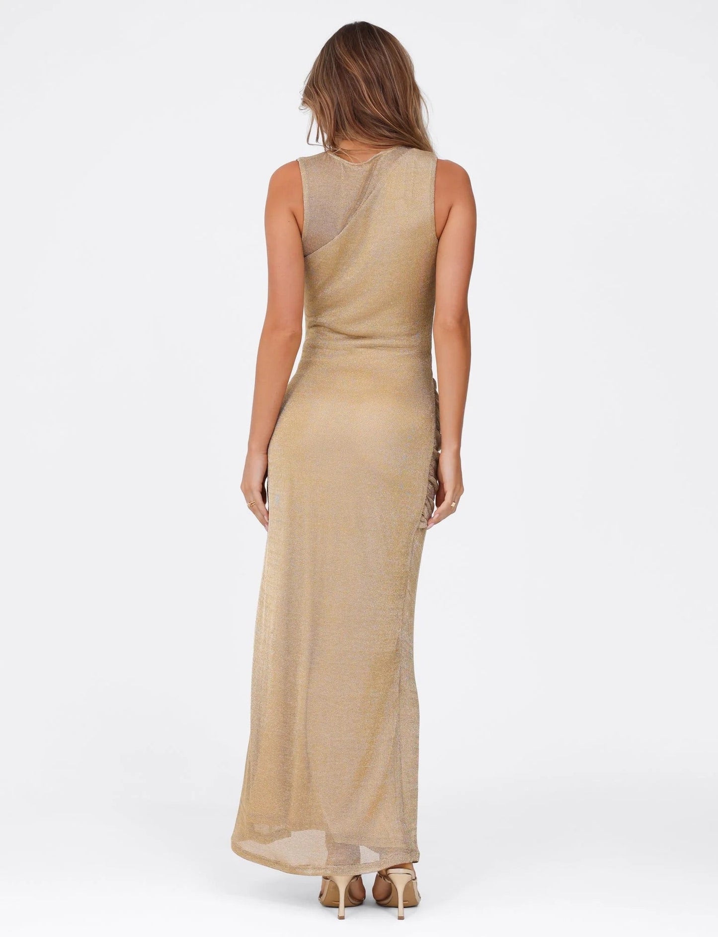 Amaris - Gold Metallic Maxi Dress with Cut-Out Detail