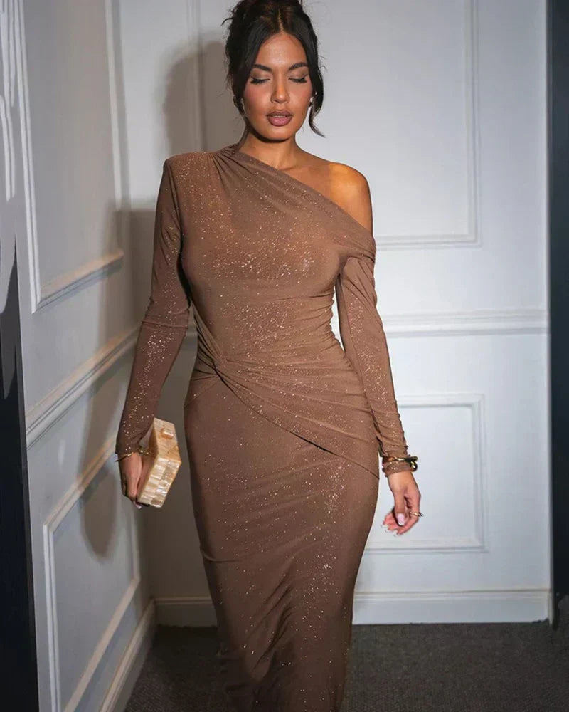 Celyra – Maxi Glitter Dress with V-Neck and Luxe Flair