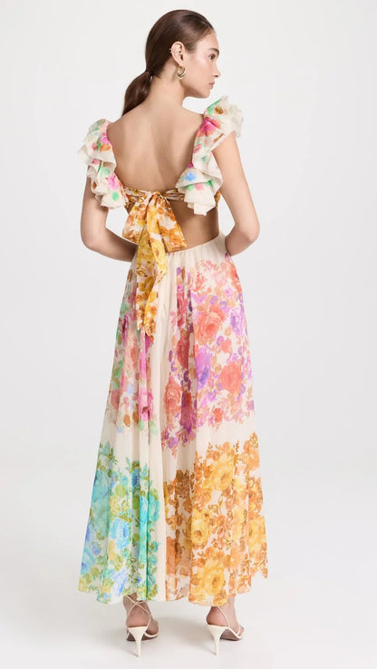 Bloomelia | Floral Print & Ruffles Maxi Dress